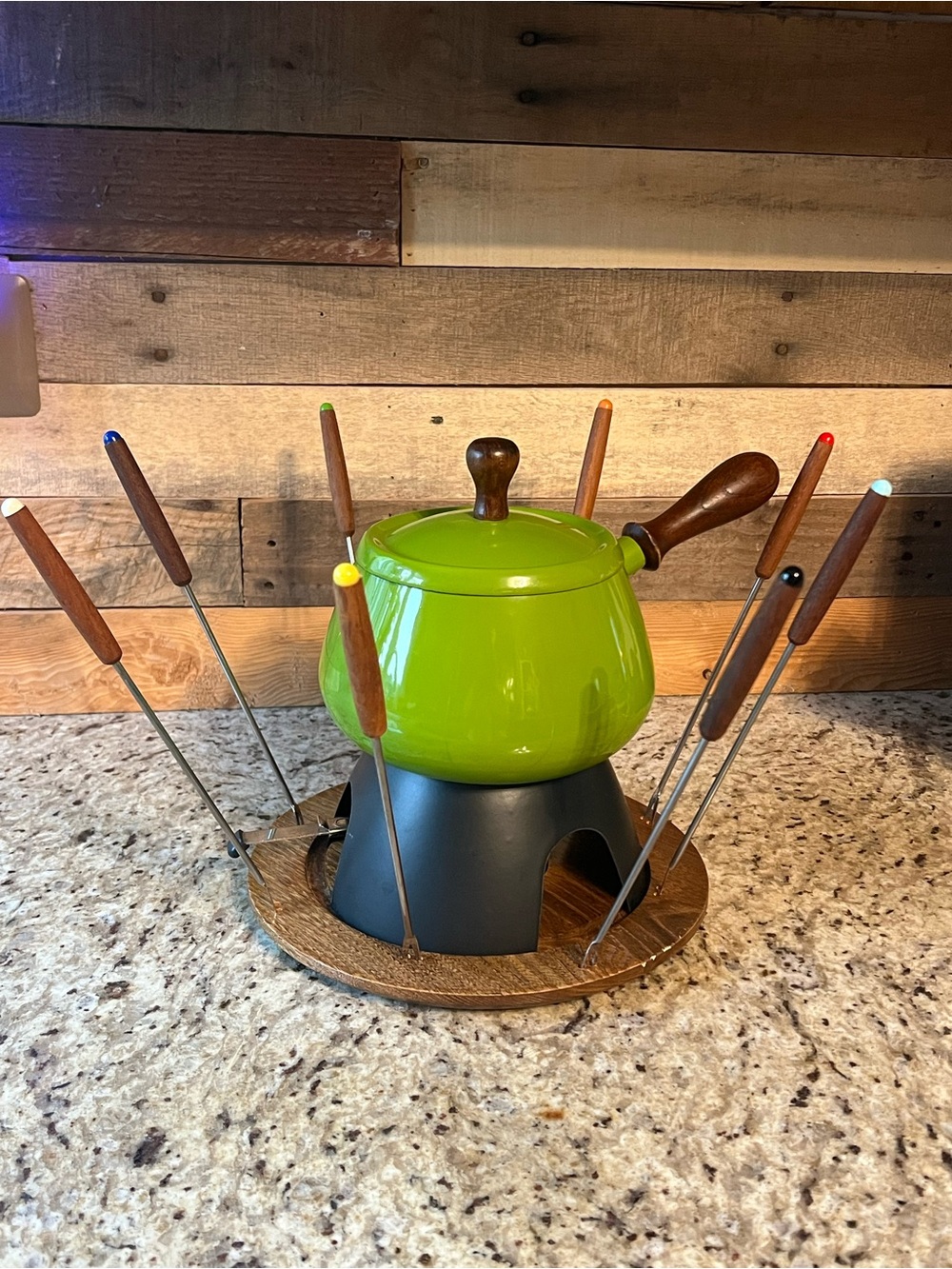 Vintage MCM Green Enamel Fondue Set with Wooden Handles